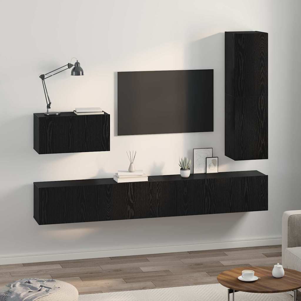Set mobile TV con cassetto 4 pcs Rovere Nero Legno multistrato