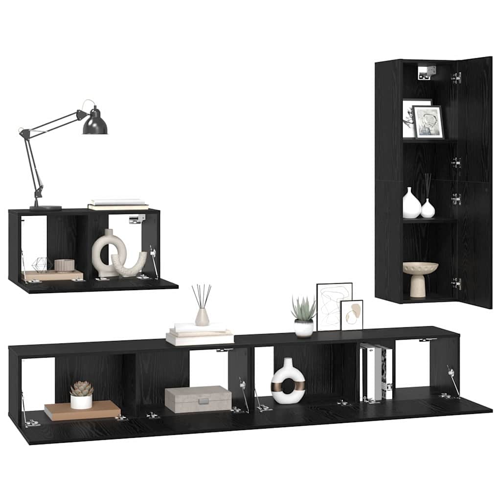 Set mobile TV con cassetto 4 pcs Rovere Nero Legno multistrato