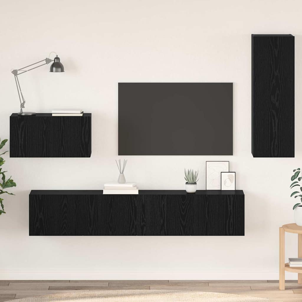 Mobile TV da Parete 4 pcs Rovere Nero Legno multistrato
