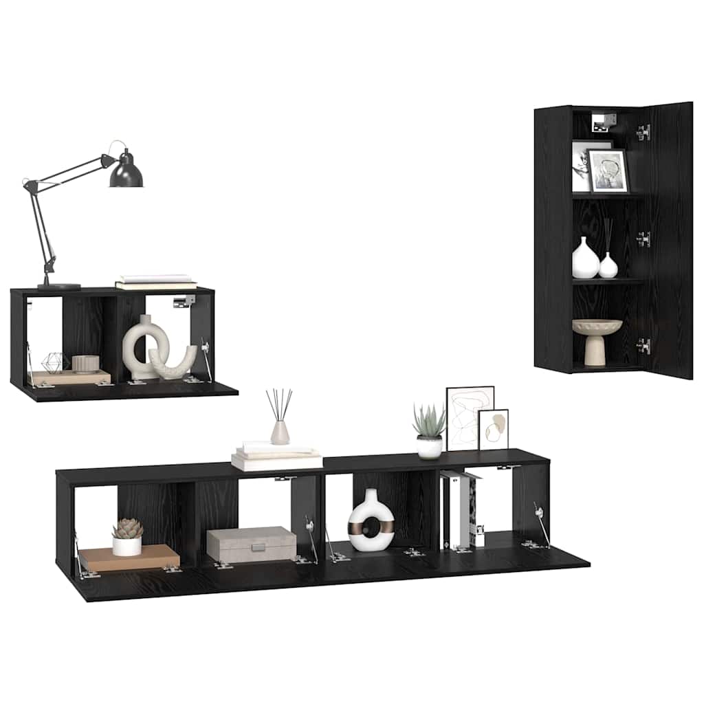 Mobile TV da Parete 4 pcs Rovere Nero Legno multistrato