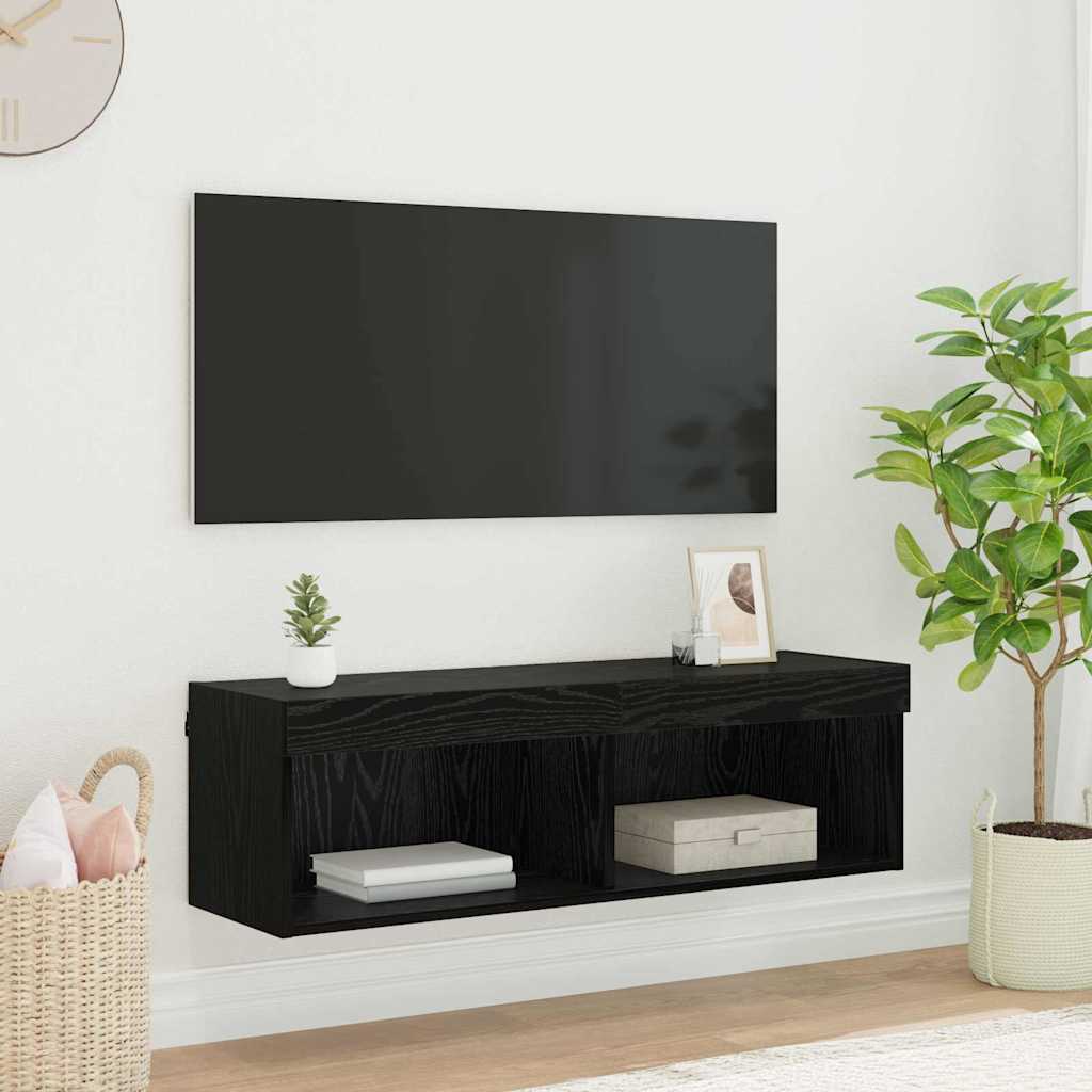 Mobile TV da parete con LED Rovere Nero 100 x 30 x 30 cm