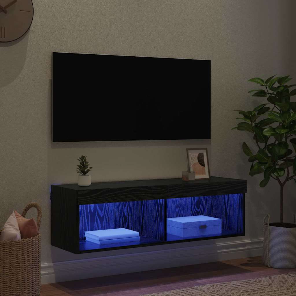 Mobile TV da parete con LED Rovere Nero 100 x 30 x 30 cm