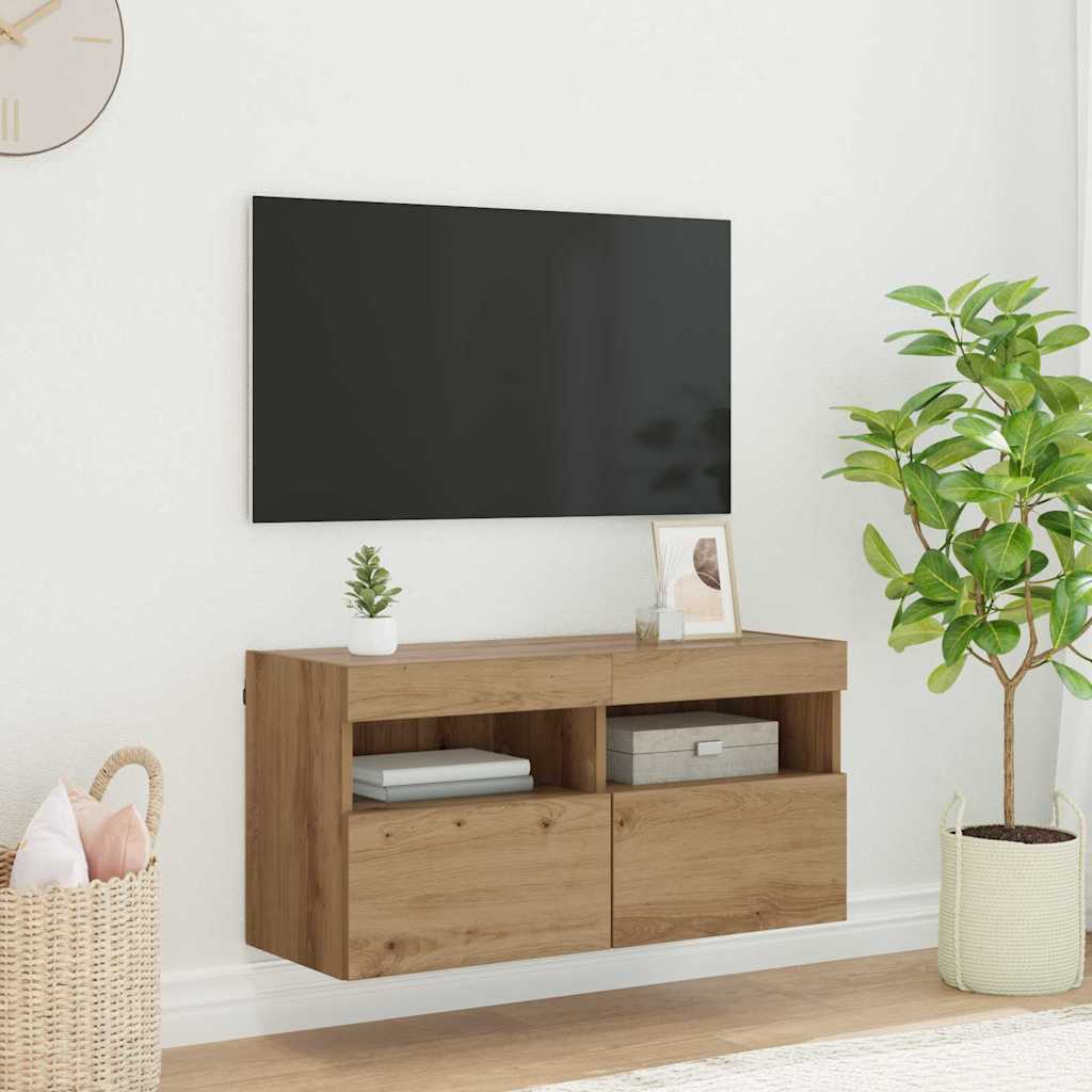 Mobile TV da parete con LED Rovere artigianale 80 x 30 x 40 cm