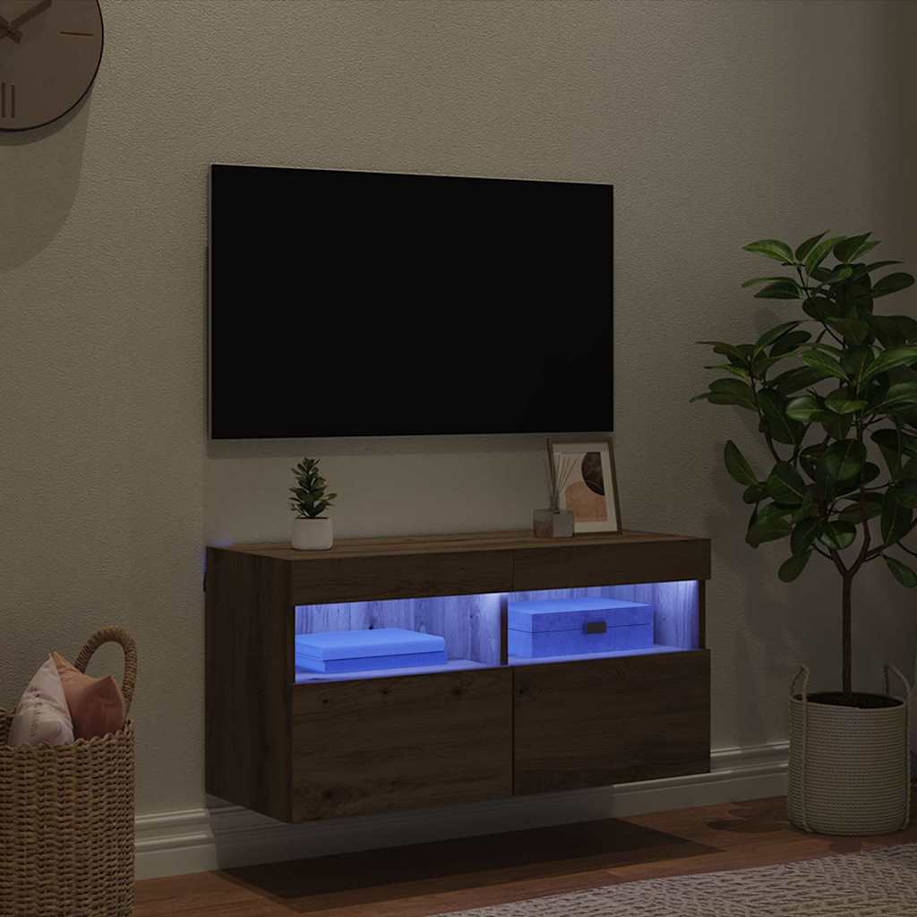 Mobile TV da parete con LED Rovere artigianale 80 x 30 x 40 cm