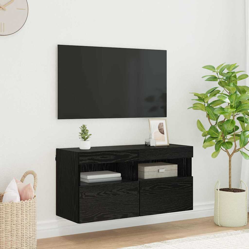 Mobile TV da parete con LED Rovere Nero 80 x 30 x 40 cm