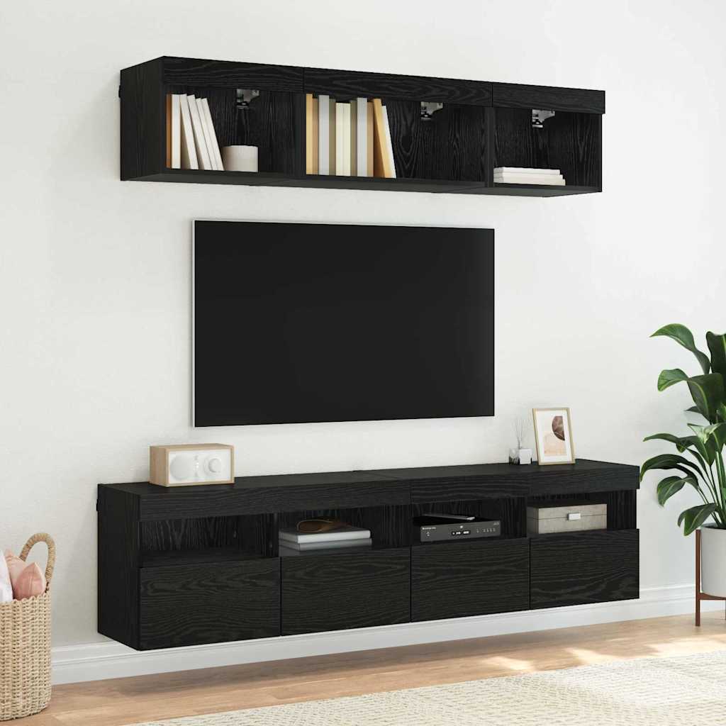 Mobile TV da parete con LED Rovere Nero 80 x 30 x 40 cm