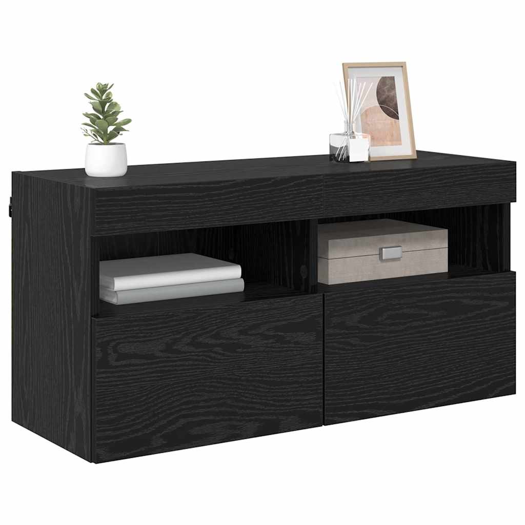 Mobile TV da parete con LED Rovere Nero 80 x 30 x 40 cm
