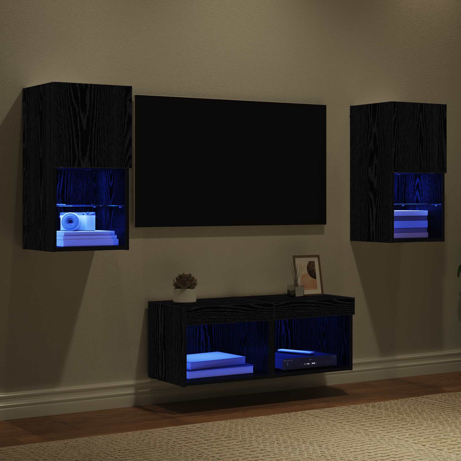 Mobiletti TV da Parete 4 pcs Rovere Nero Legno multistrato