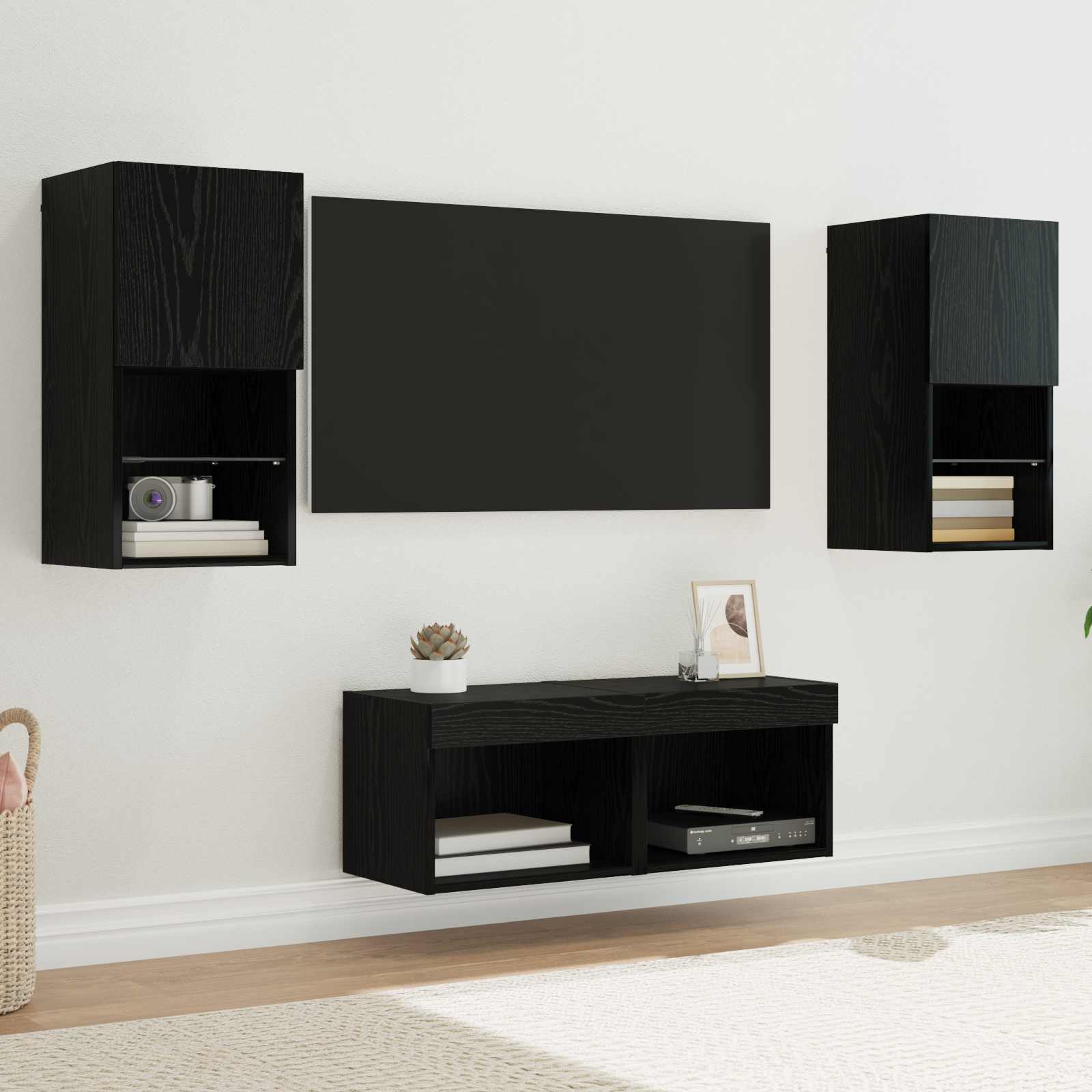 Mobiletti TV da Parete 4 pcs Rovere Nero Legno multistrato