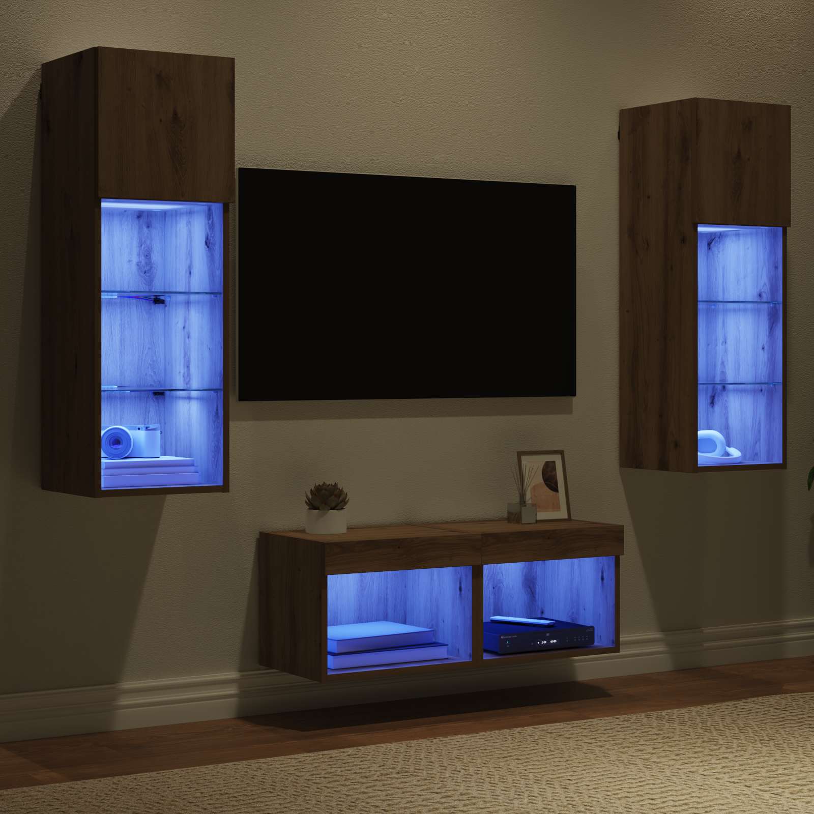 Mobiletti TV da Parete 4 pcs Rovere Nero Legno multistrato