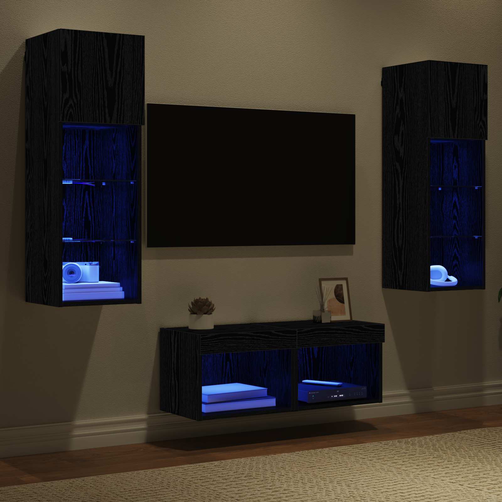 Mobiletti TV da Parete 4 pcs Rovere Nero Legno multistrato