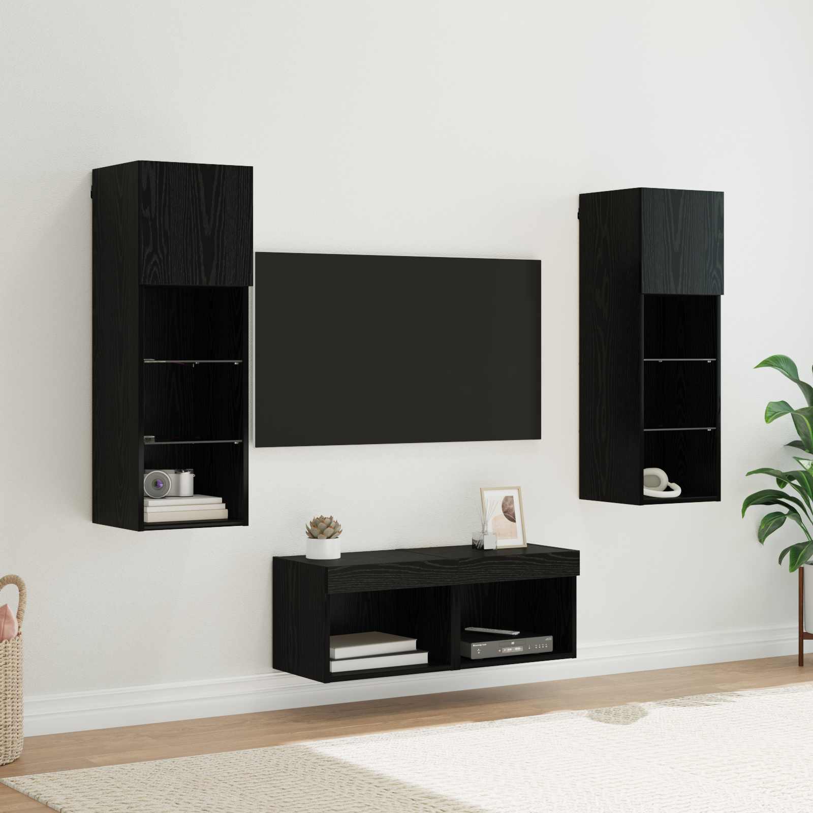 Mobiletti TV da Parete 4 pcs Rovere Nero Legno multistrato