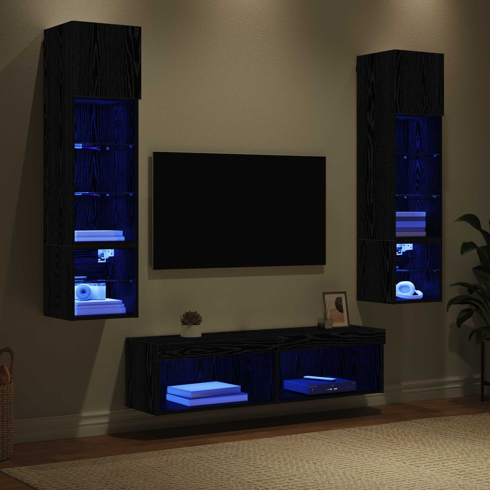 Unità TV da Parete 6 pcs Rovere Nero Legno multistrato