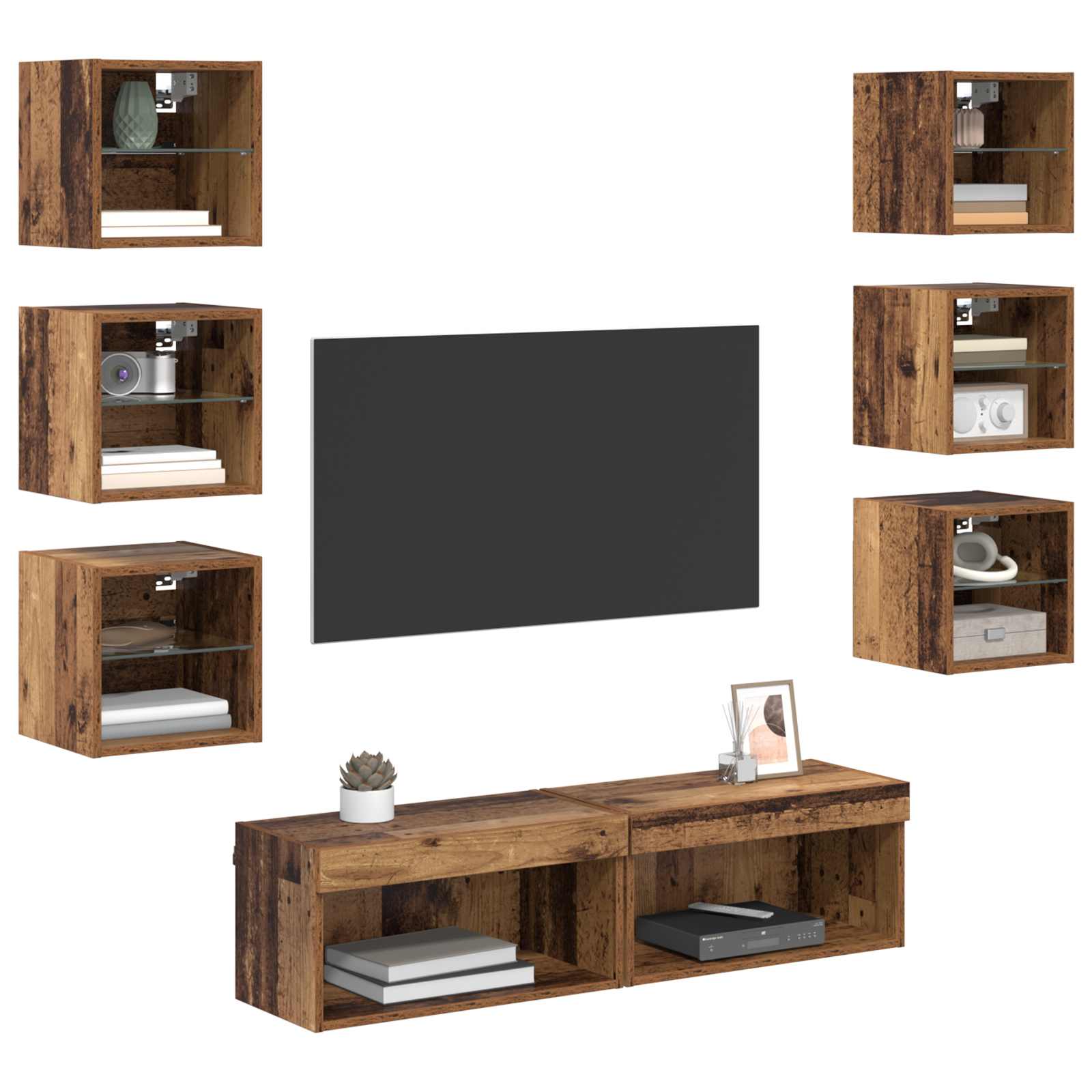 Mobile TV con luci a strisce a LED 8 pcs Legno vecchio Vetro