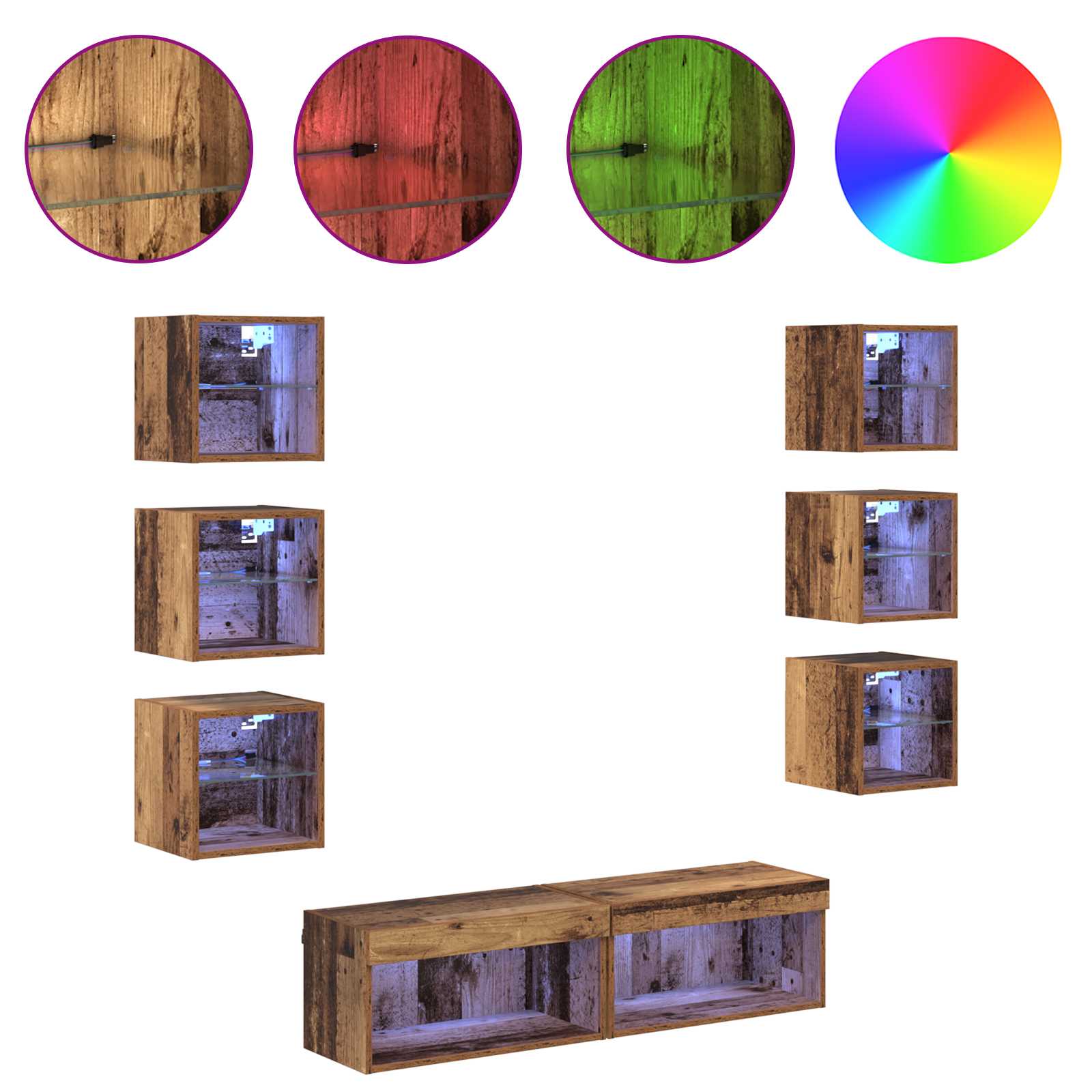 Mobile TV con luci a strisce a LED 8 pcs Legno vecchio Vetro