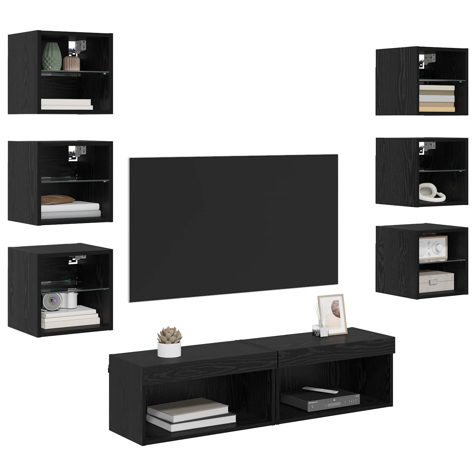 Mobile TV con luci a strisce a LED 8 pcs Rovere Nero Vetro