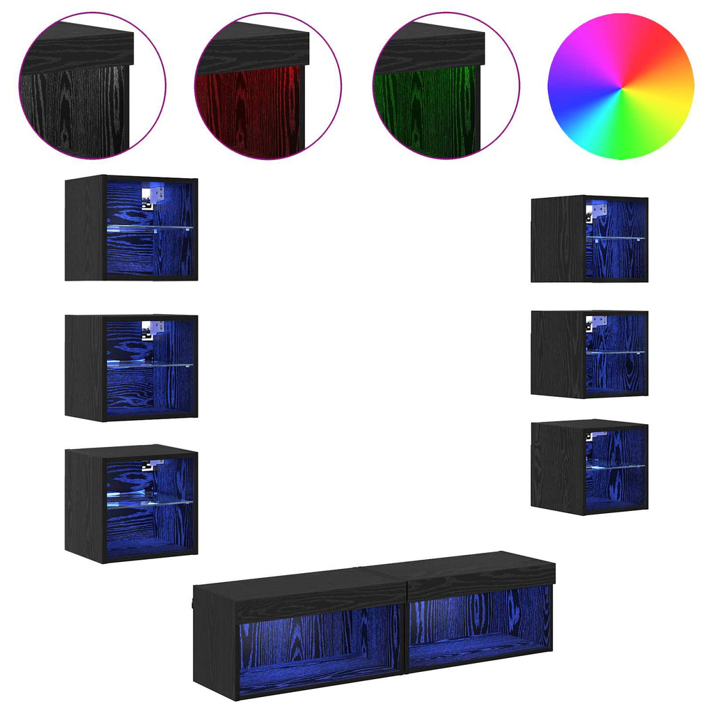 Mobile TV con luci a strisce a LED 8 pcs Rovere Nero Vetro