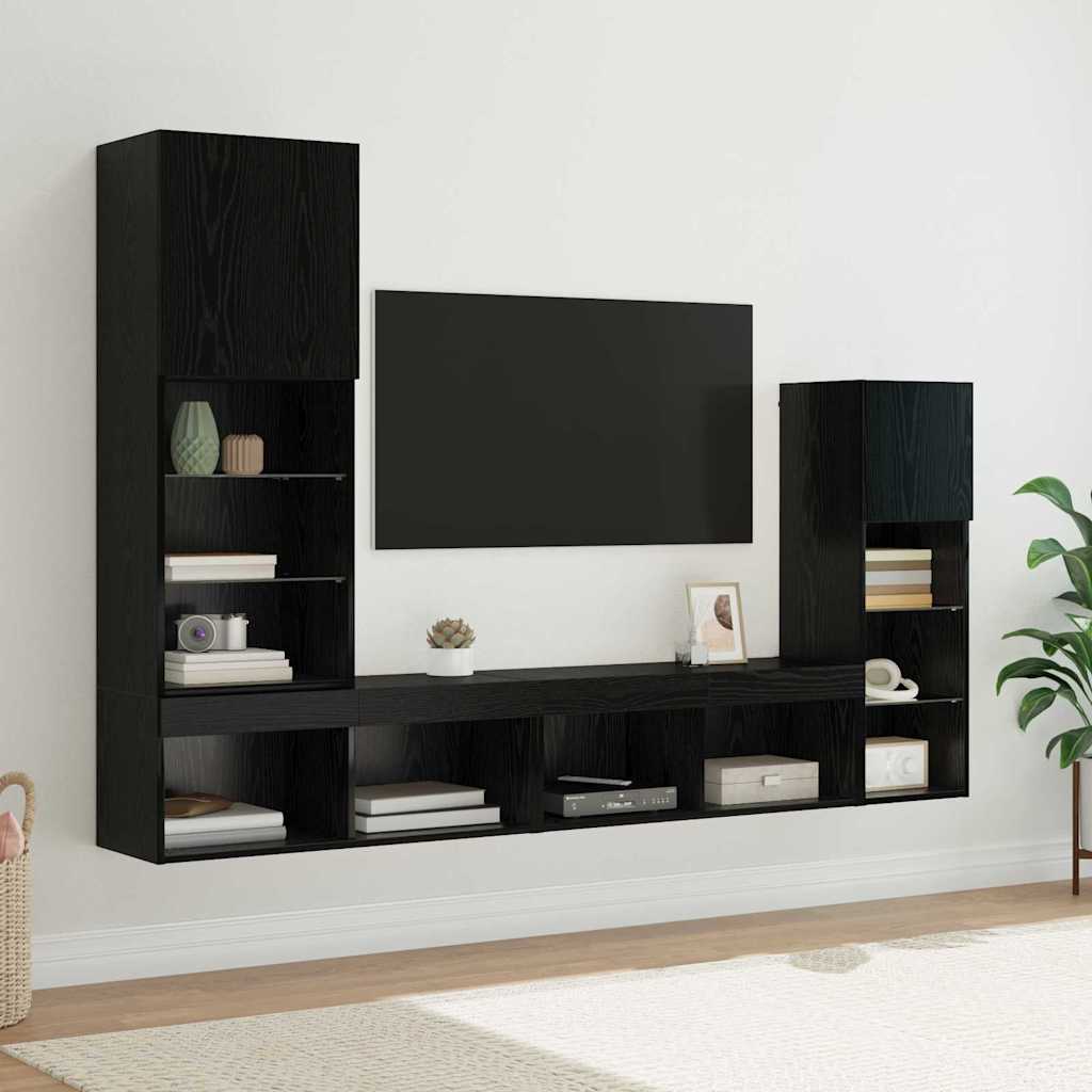Unità per TV a Muro 4 pcs Rovere Nero Legno multistrato