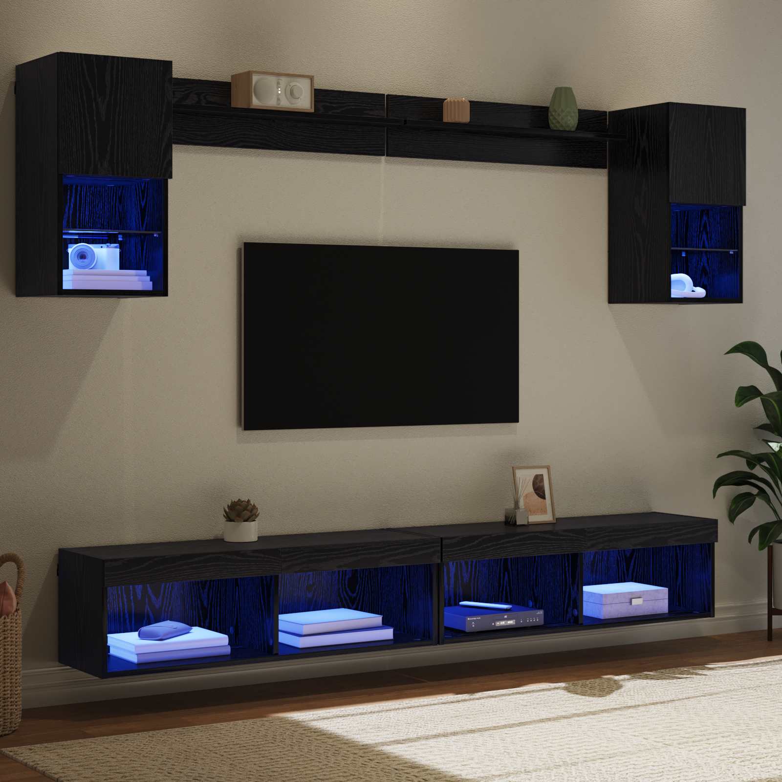 Unità a muro per TV con LED 6 pcs Rovere Nero Legno multistrato