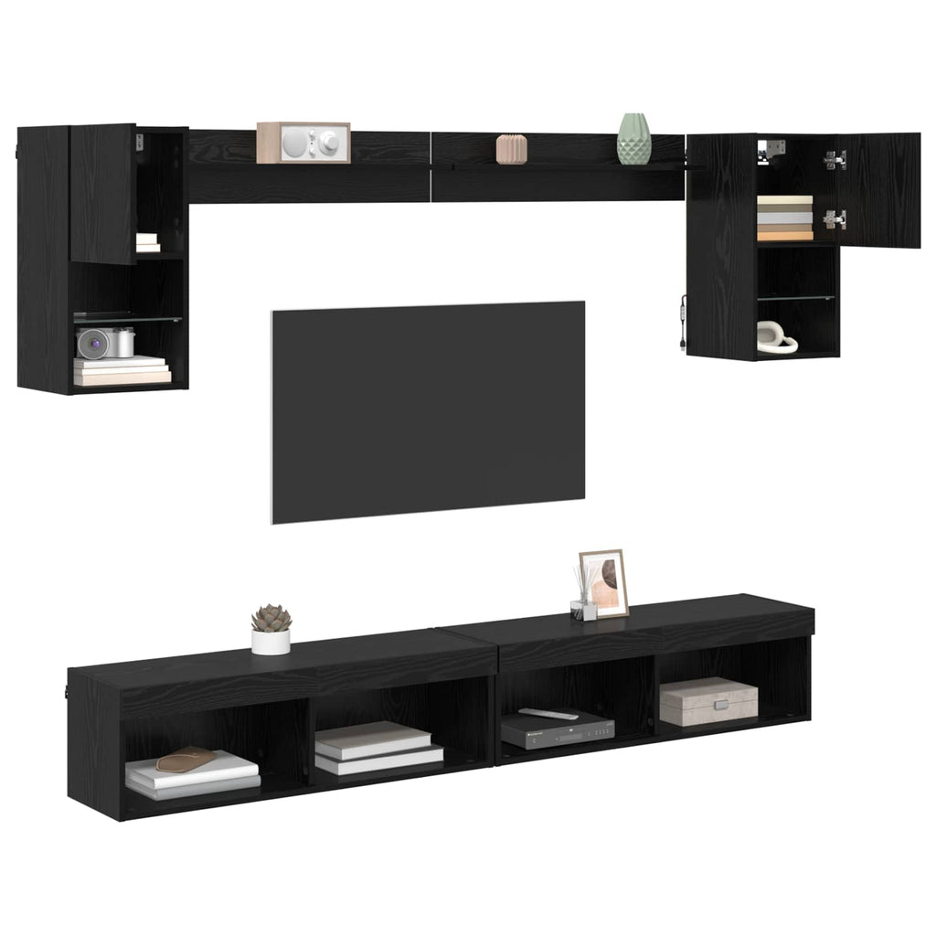 Unità a muro per TV con LED 6 pcs Rovere Nero Legno multistrato