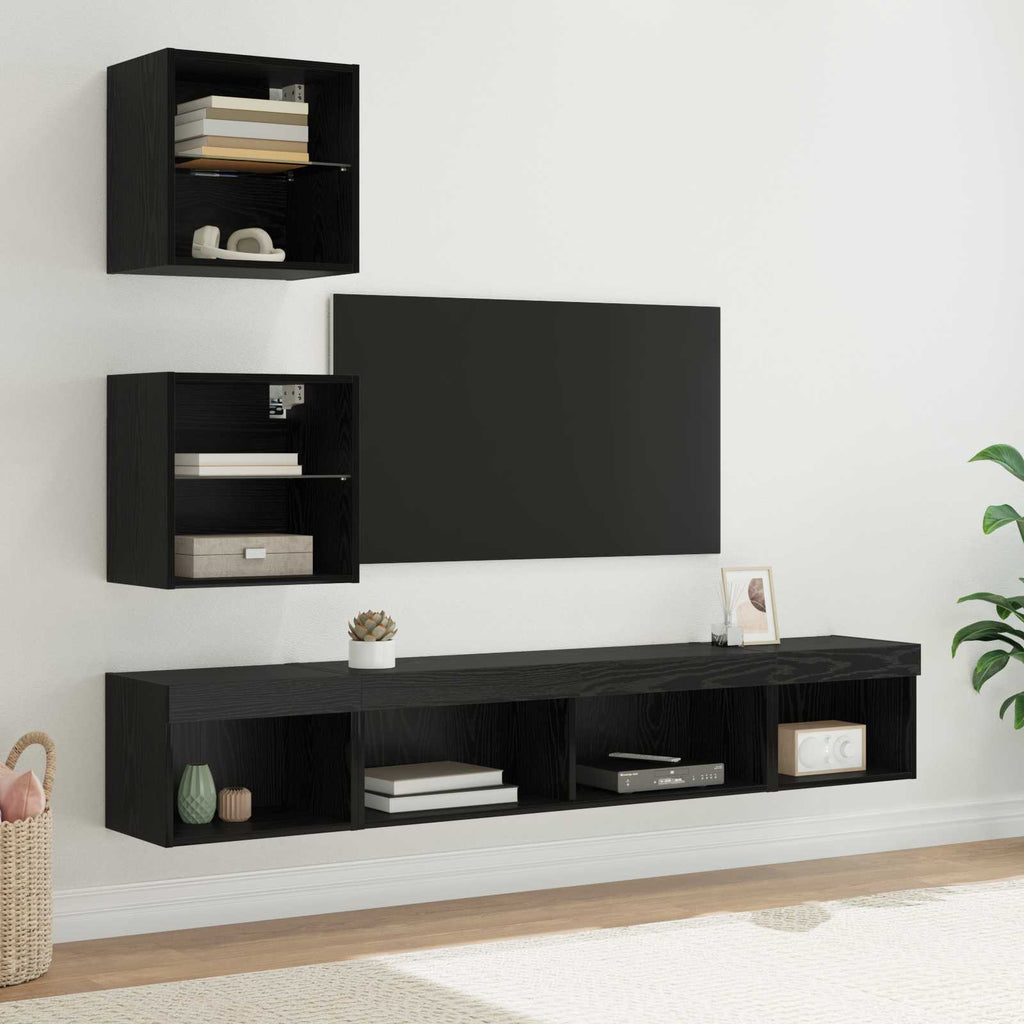 Unità a muro per TV con LED 5 pcs Rovere Nero Legno multistrato