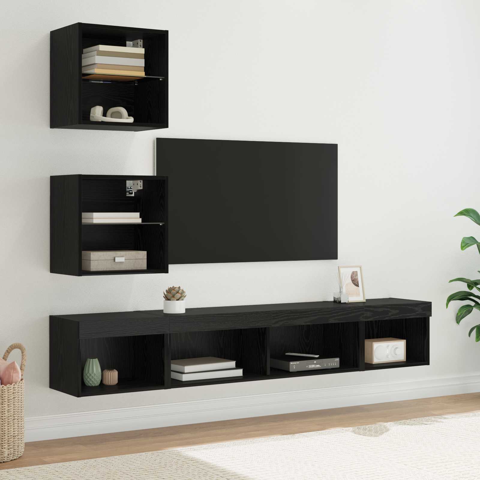 Unità a muro per TV con LED 5 pcs Rovere Nero Legno multistrato