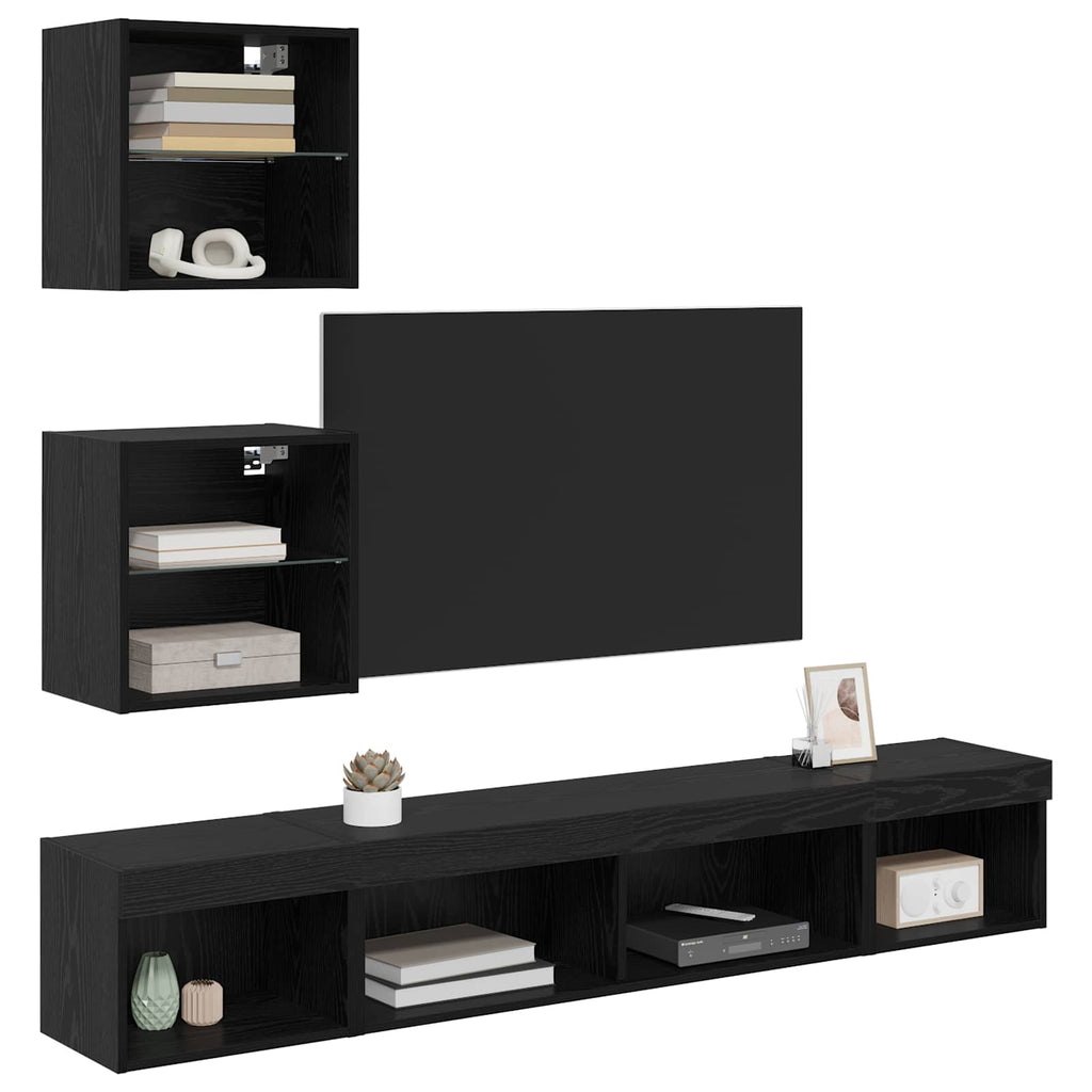 Unità a muro per TV con LED 5 pcs Rovere Nero Legno multistrato