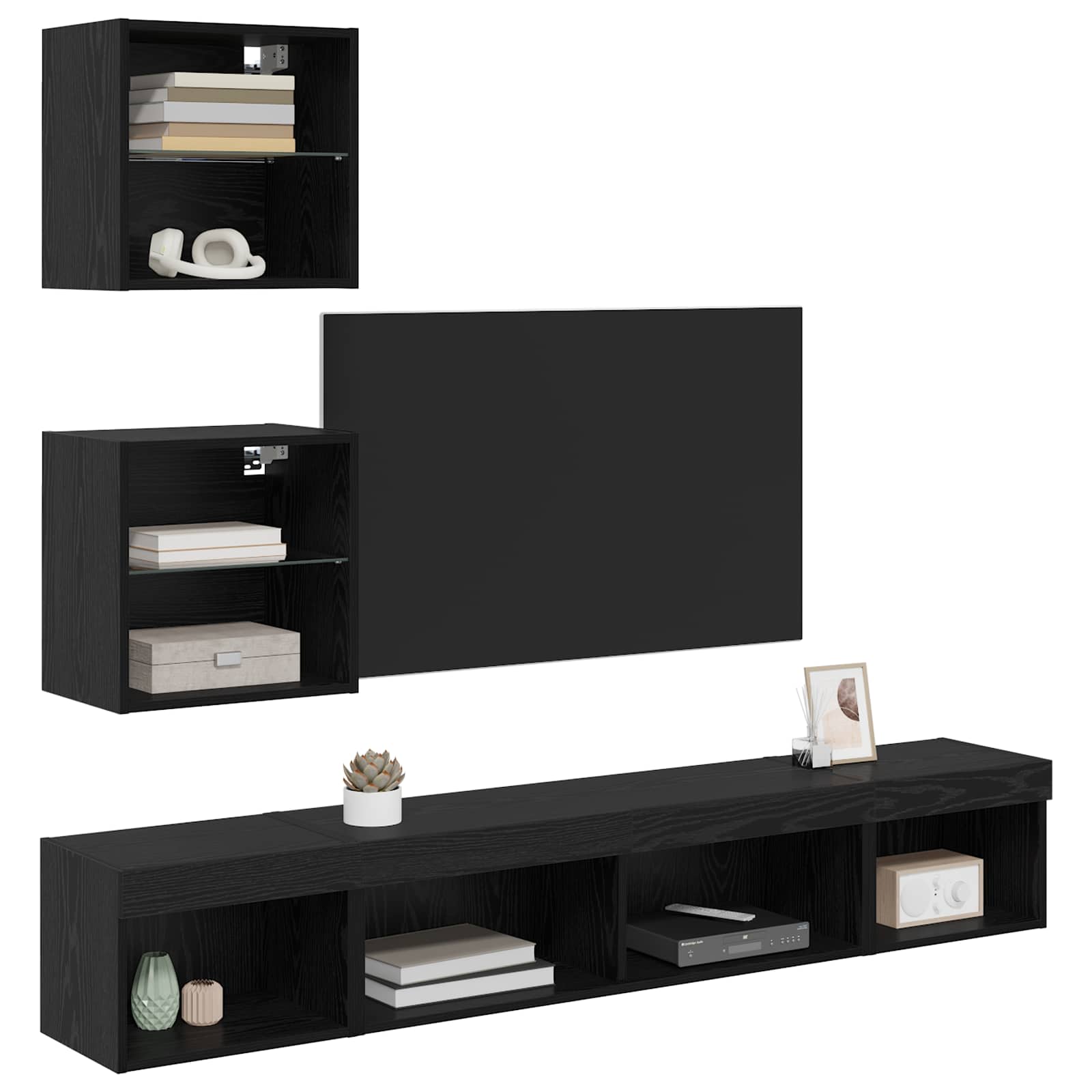Unità a muro per TV con LED 5 pcs Rovere Nero Legno multistrato