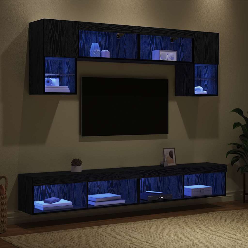 Unità a muro per TV con LED 6 pcs Rovere Nero Legno multistrato