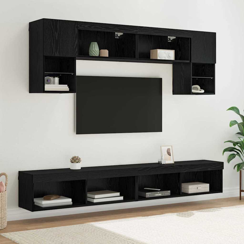 Unità a muro per TV con LED 6 pcs Rovere Nero Legno multistrato