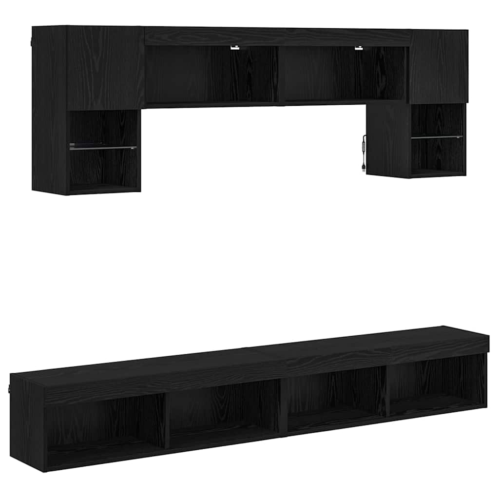 Unità a muro per TV con LED 6 pcs Rovere Nero Legno multistrato