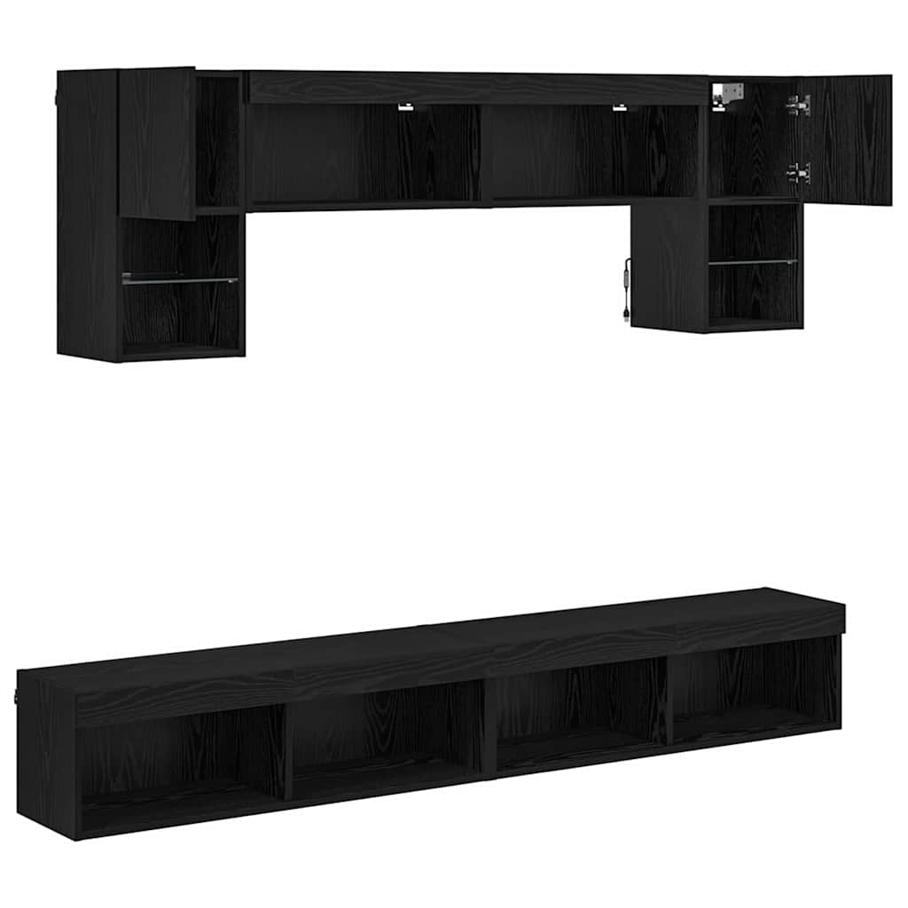 Unità a muro per TV con LED 6 pcs Rovere Nero Legno multistrato