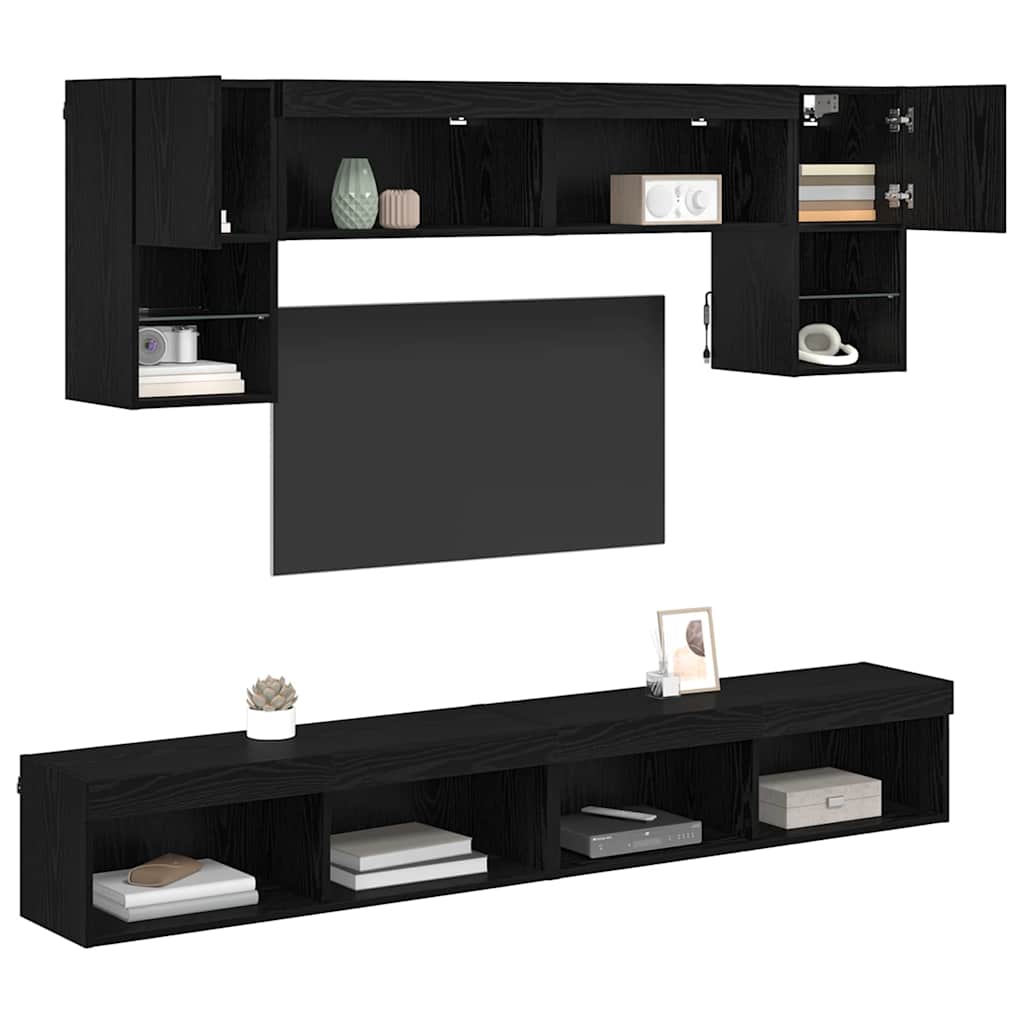 Unità a muro per TV con LED 6 pcs Rovere Nero Legno multistrato