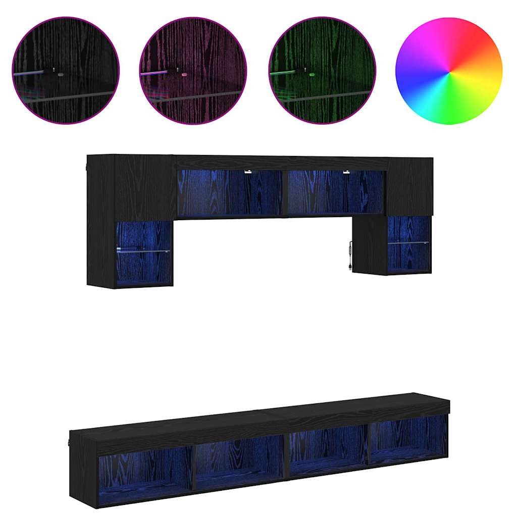 Unità a muro per TV con LED 6 pcs Rovere Nero Legno multistrato