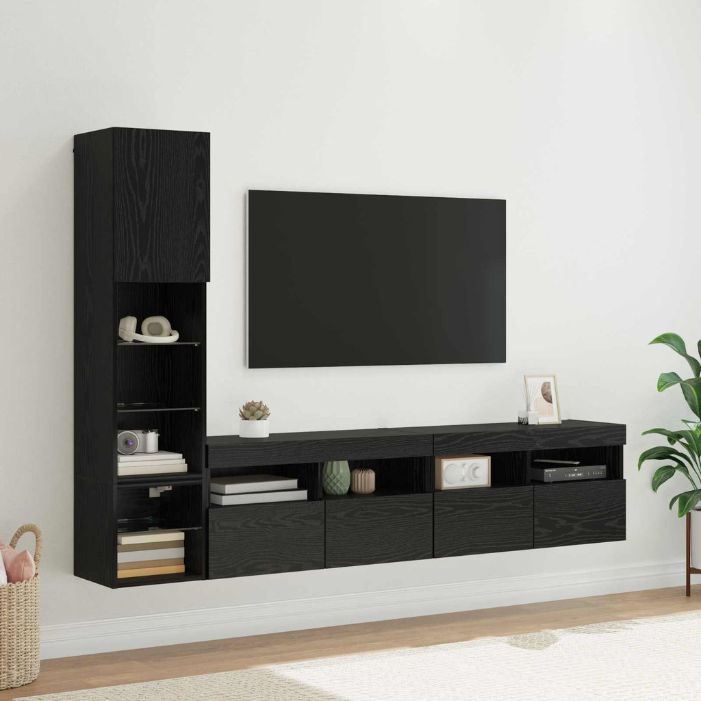Unità TV da Parete con led 4 pcs Rovere Nero Legno multistrato