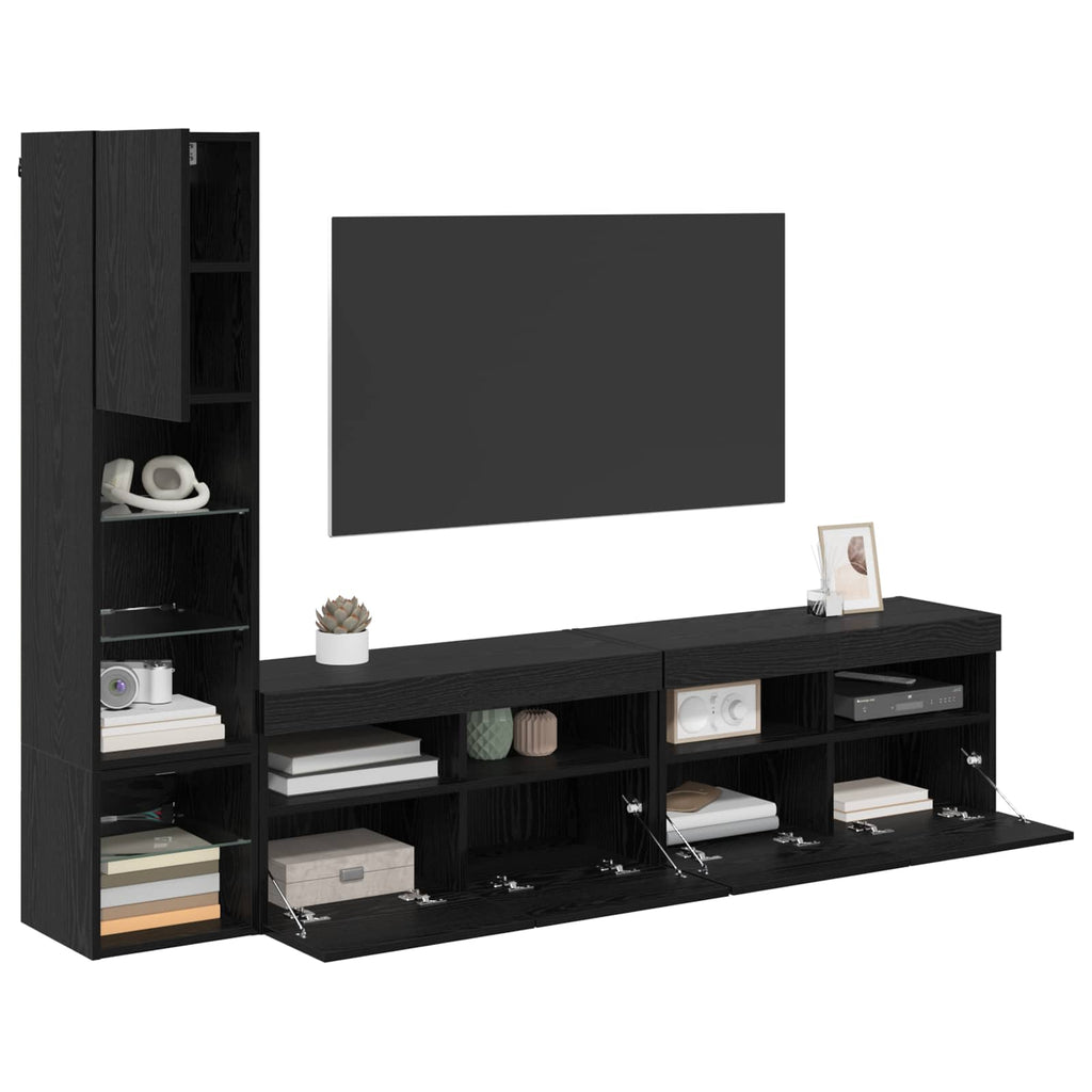Unità TV da Parete con led 4 pcs Rovere Nero Legno multistrato