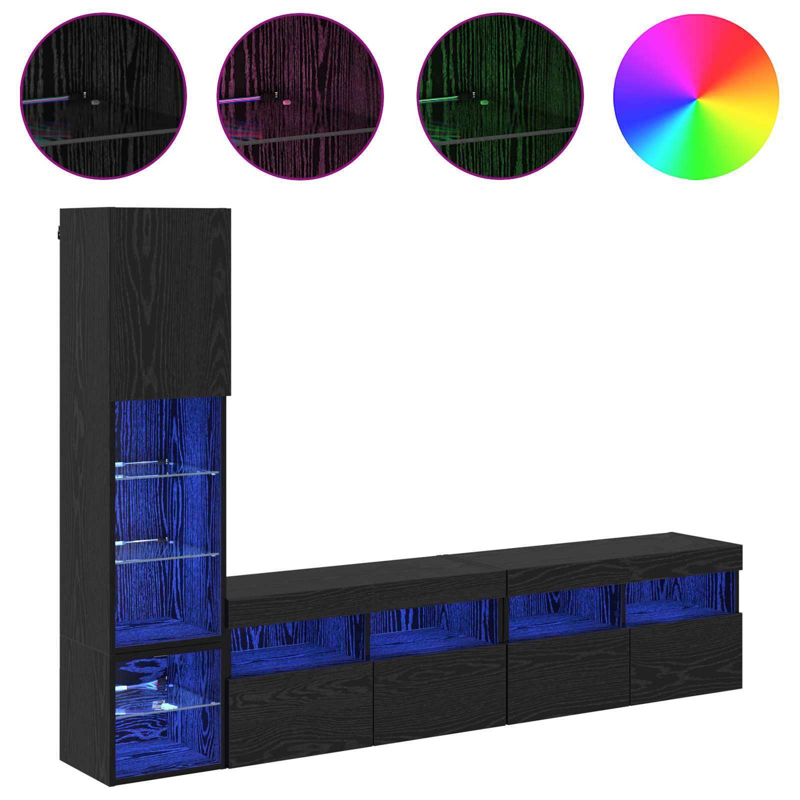 Unità TV da Parete con led 4 pcs Rovere Nero Legno multistrato