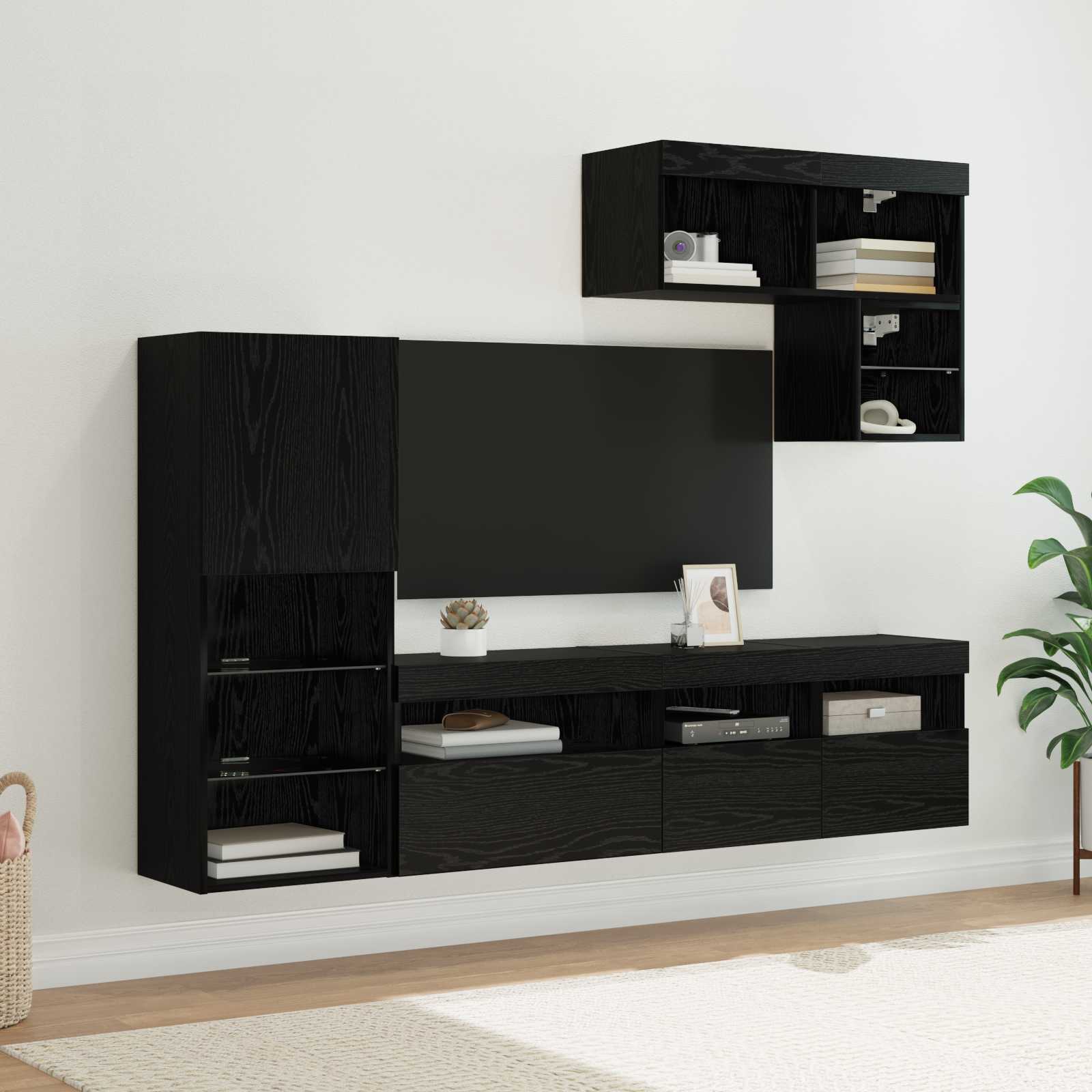Unità per TV a Muro 6 pcs Rovere Nero Legno multistrato