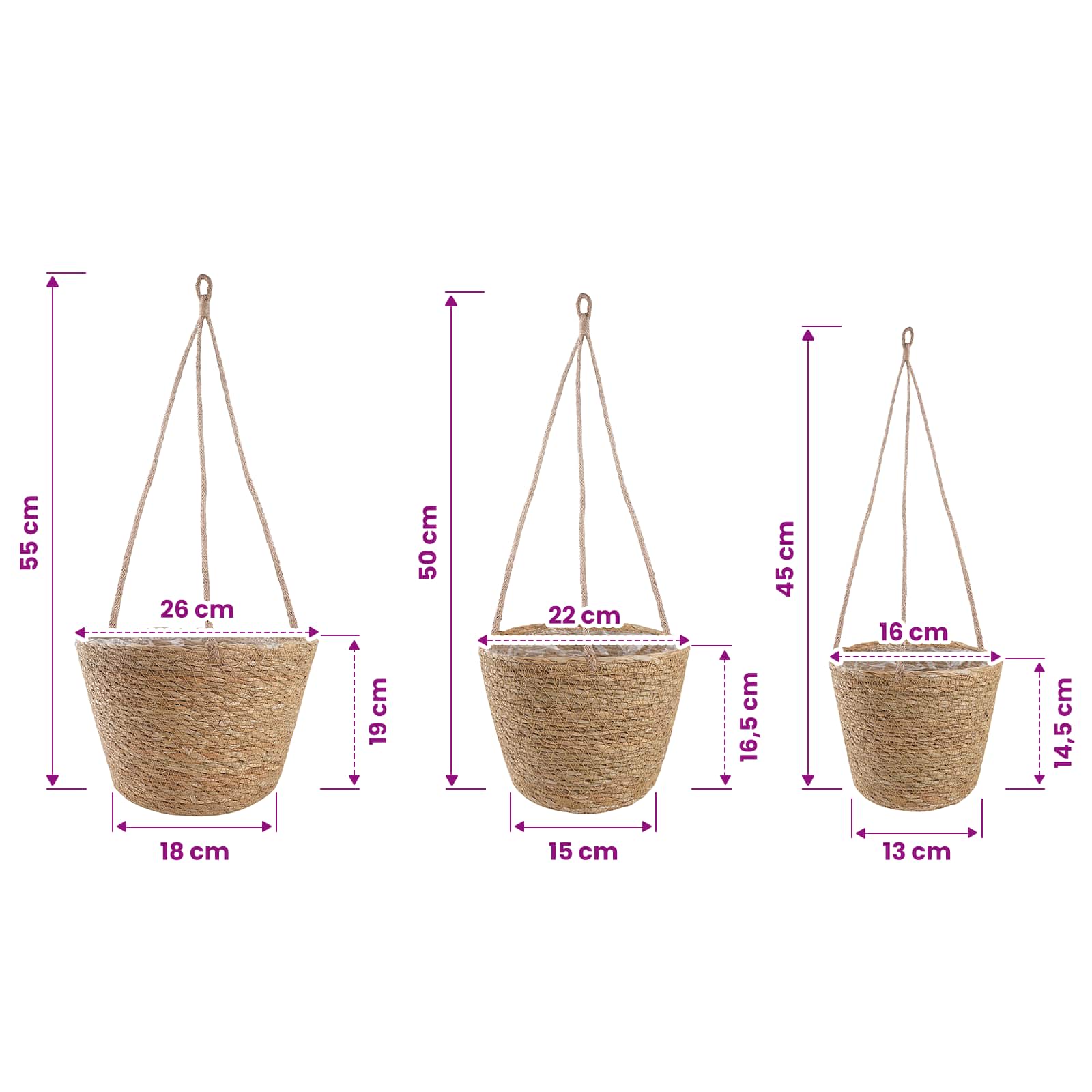 Cesti per piante in erba marina 3 pcs Naturale Ø26 x 19 cm