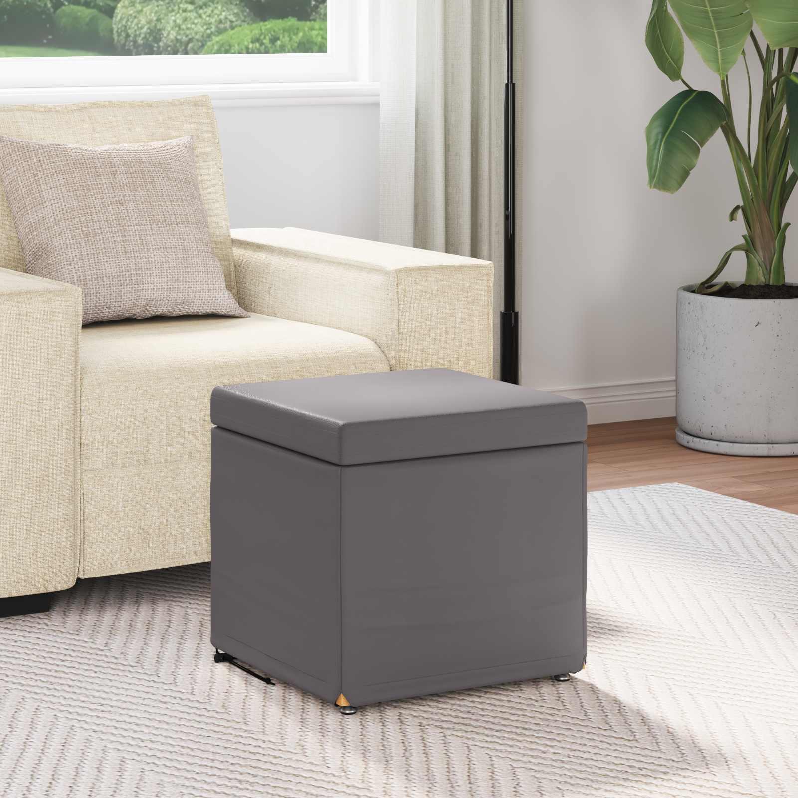 Pouf Grigio Pelle Sintetica e Legno Ingegnerizzato