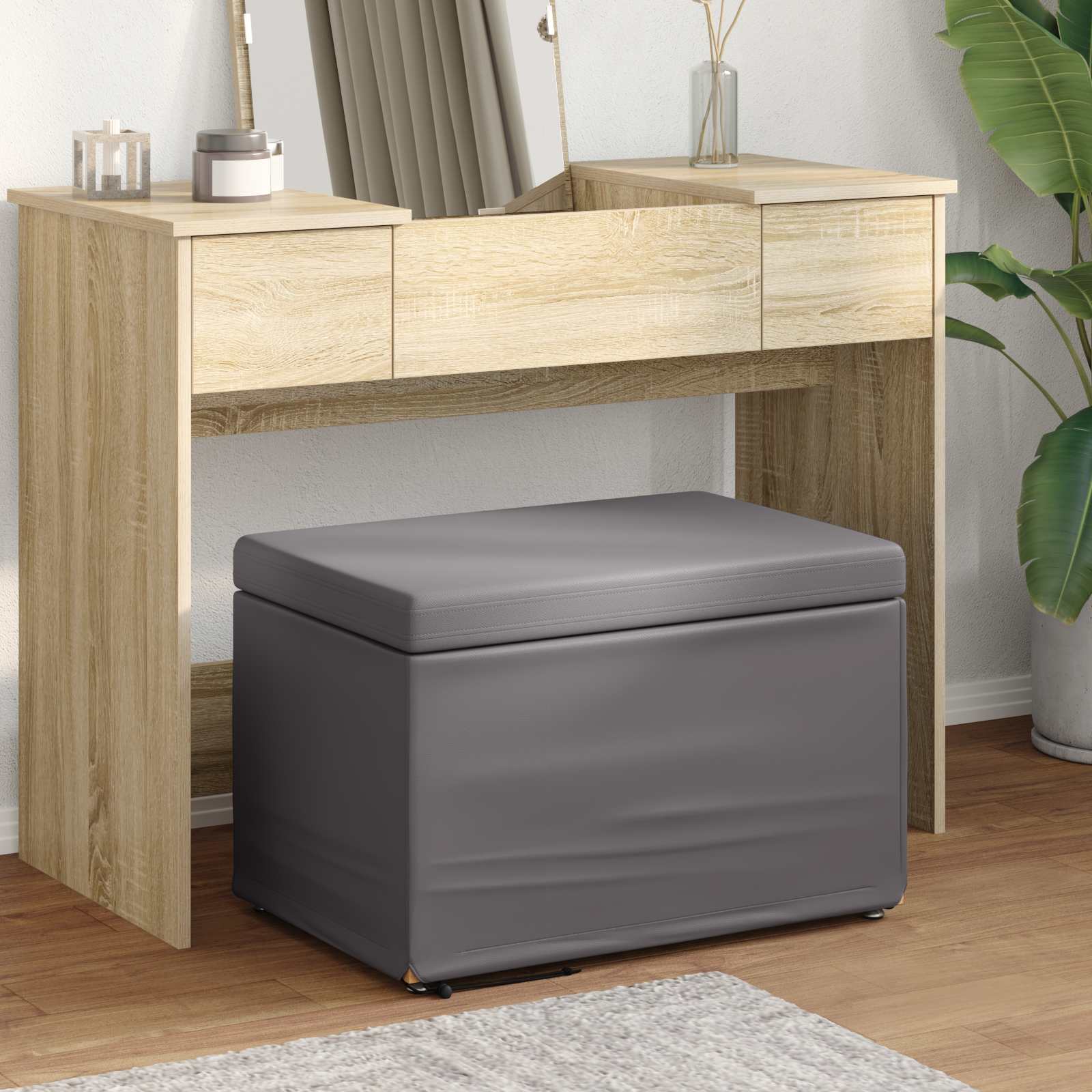 Pouf Grigio Pelle Sintetica e Legno Ingegnerizzato