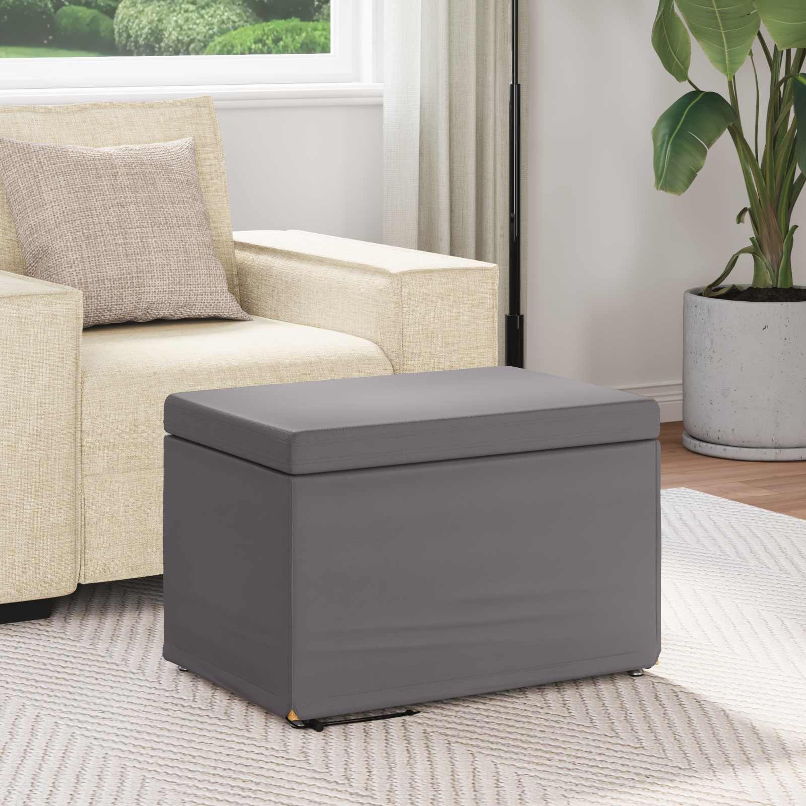 Pouf Grigio Pelle Sintetica e Legno Ingegnerizzato