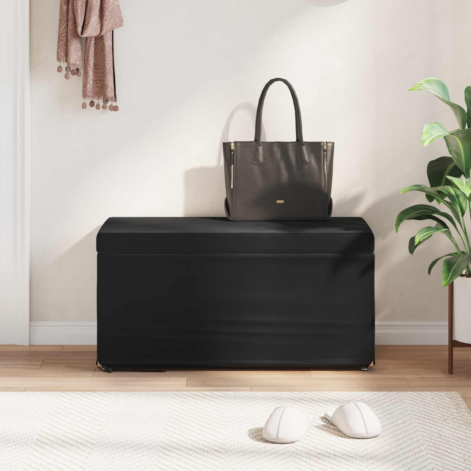 Pouf Nero 81 x 41 x 40 cm Velluto e Legno Ingegnerizzato
