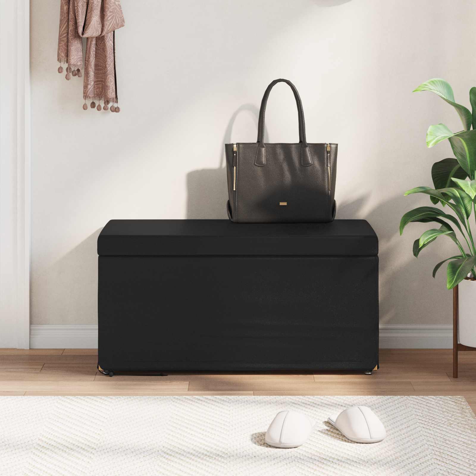Pouf Nero Pelle Sintetica e Legno Ingegnerizzato