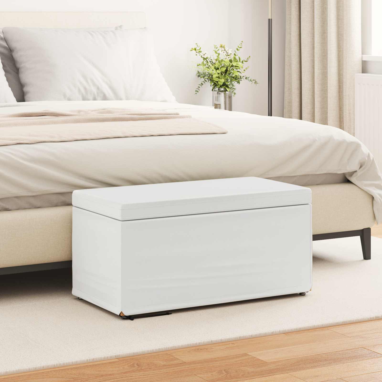 Pouf Bianco Pelle Sintetica e Legno Ingegnerizzato