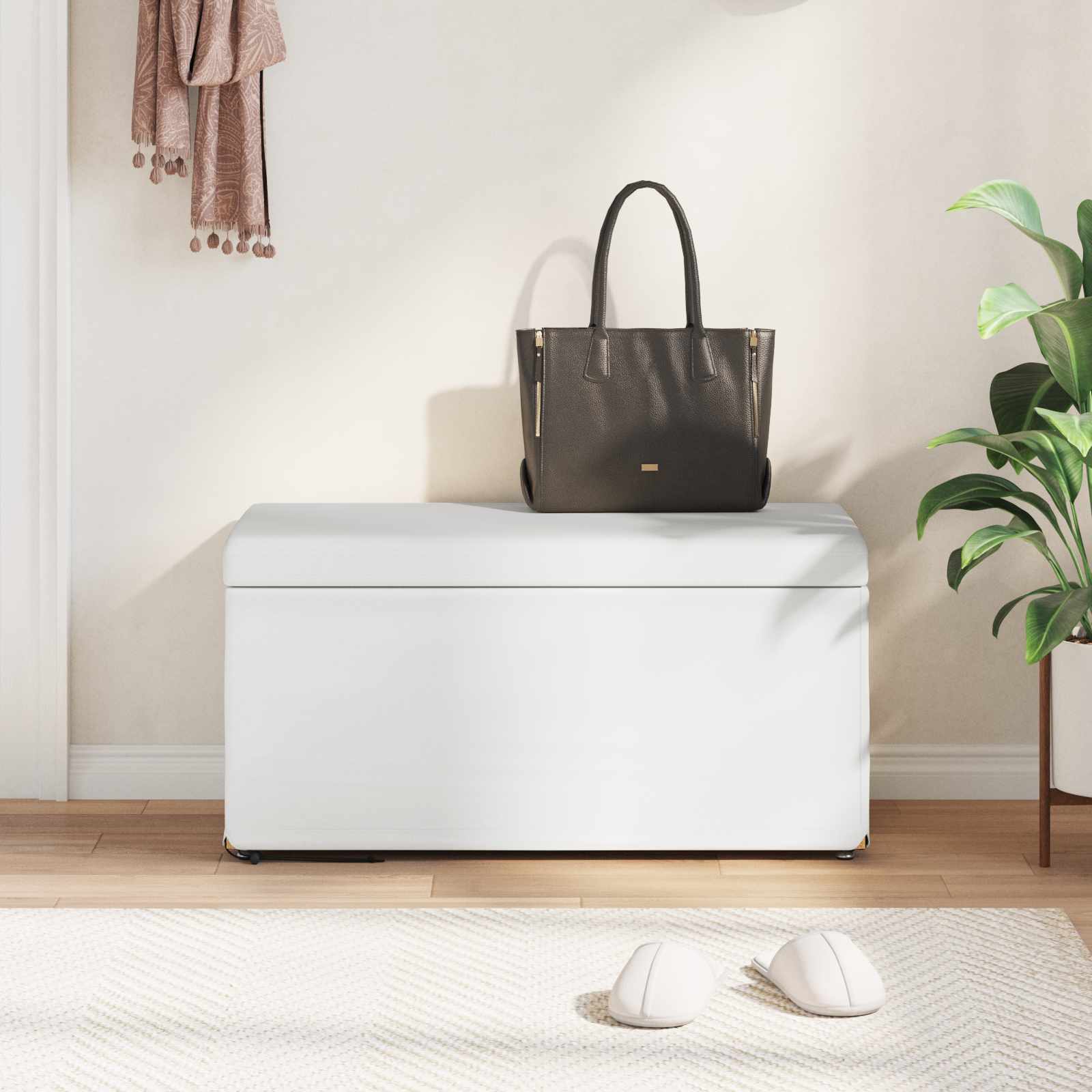 Pouf Bianco Pelle Sintetica e Legno Ingegnerizzato