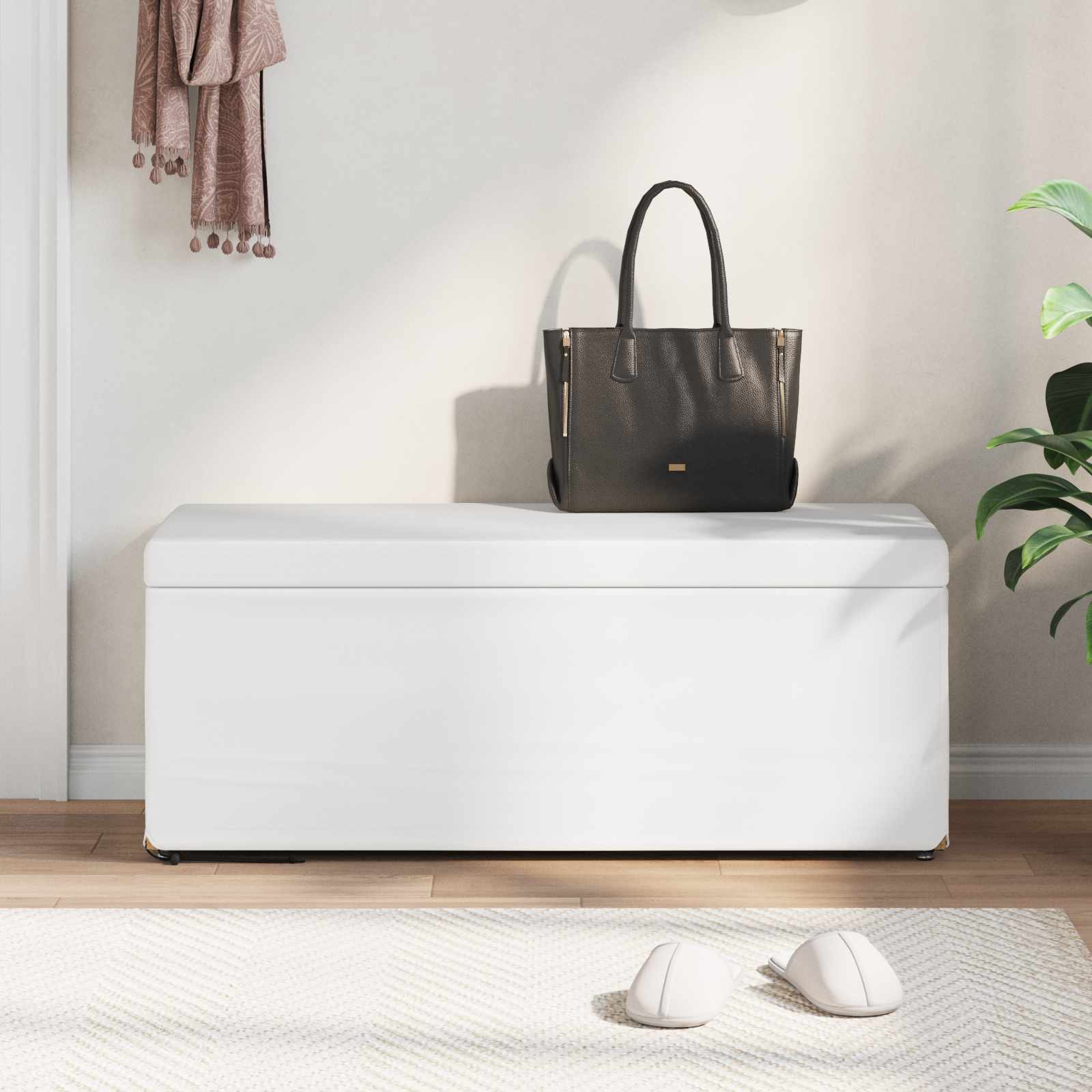 Pouf Bianco Pelle Sintetica e Legno Ingegnerizzato