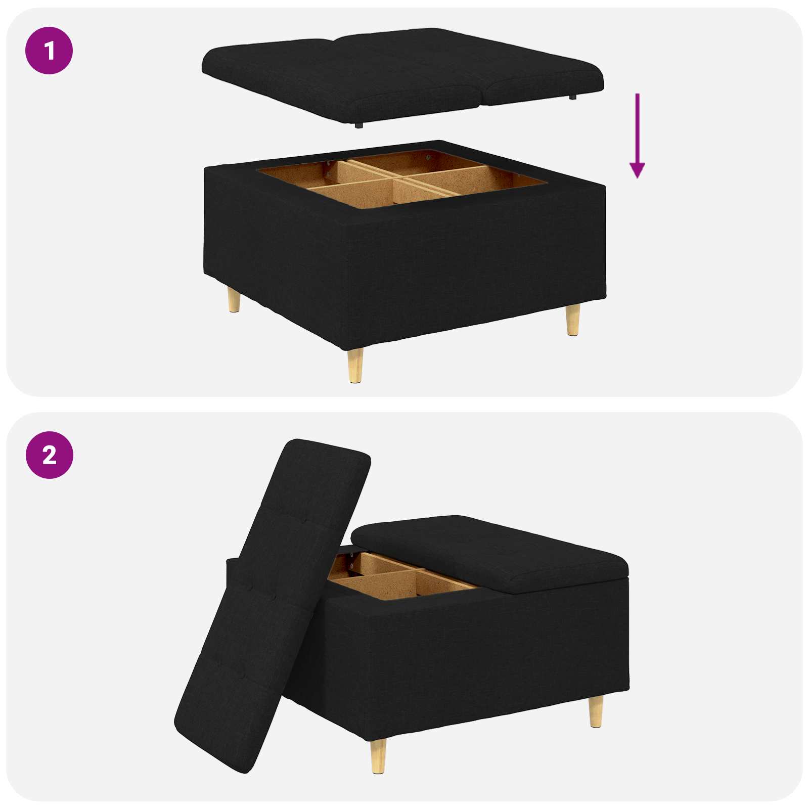 Pouf contenitore con cuscino Nero 80 x 80 x 45 cm Tessuto