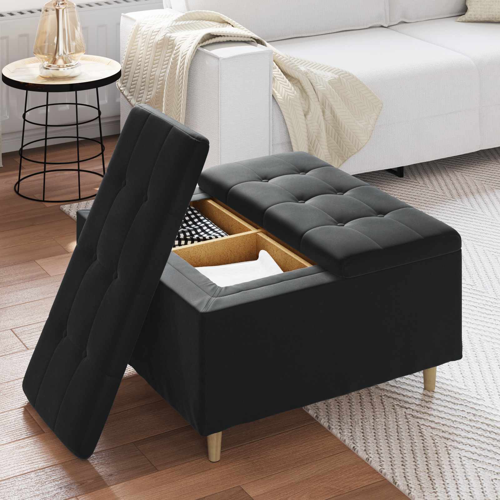 Pouf contenitore con cuscino Nero 80 x 80 x 45 cm Velluto