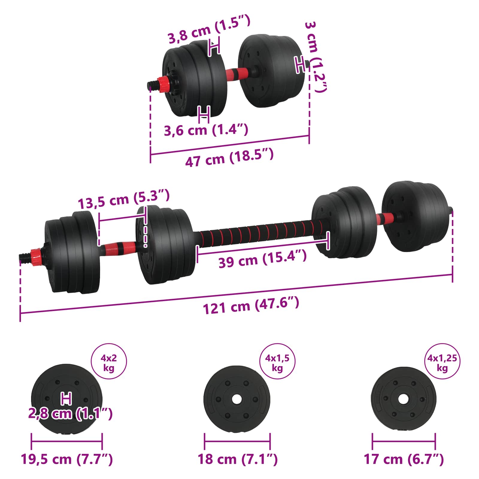 Set Manubri e Bilanciere 2-in-1 20 kg Nero e Rosso